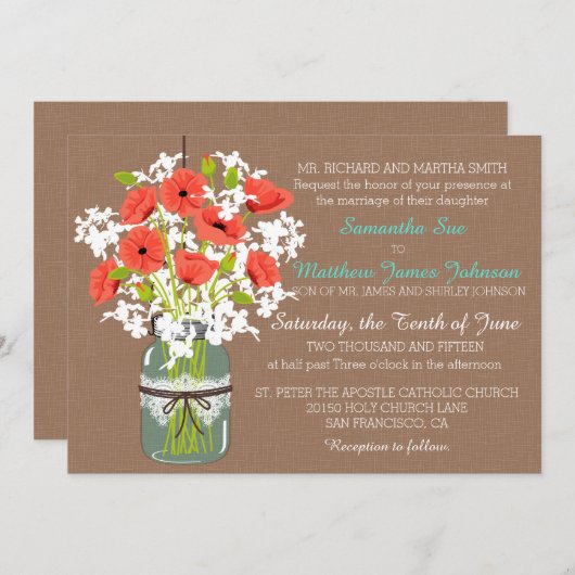 珊瑚のケシのメーソンジャーのバーラップの素朴な結婚式 招待状 (正面/裏面)