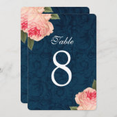 珊瑚のシャクヤクおよび海軍テーブル数 招待状 (正面/裏面)