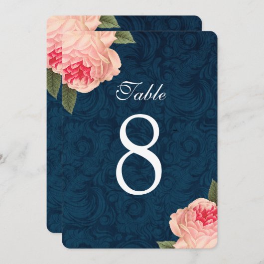 珊瑚のシャクヤクおよび海軍テーブル数 招待状 (正面/裏面)