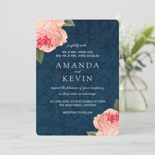 珊瑚のシャクヤクおよび海軍結婚式招待状 招待状 (スタンド正面)