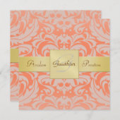 珊瑚のダマスク織のモノグラムの金ゴールドのリボンの招待状 招待状 (正面/裏面)