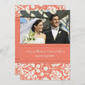 珊瑚のダマスク織の写真の駆け落ちの発表カード 案内状 (正面/裏面)