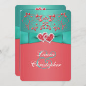 珊瑚のティール（緑がかった色）の花柄はハートの結婚式招待状を結合しました 招待状 (正面/裏面)