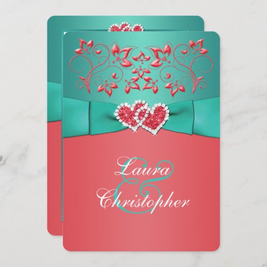 珊瑚のティール（緑がかった色）の花柄はハートの結婚式招待状を結合しました 招待状 (正面/裏面)