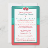 珊瑚のティール（緑がかった色）の花柄はハートの結婚式招待状を結合しました 招待状 (裏面)