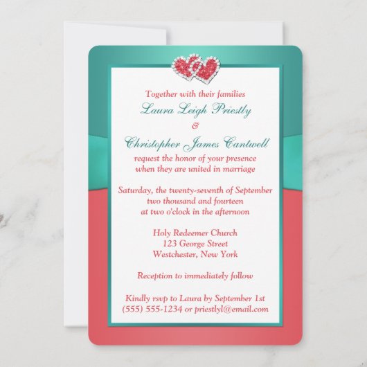 珊瑚のティール（緑がかった色）の花柄はハートの結婚式招待状を結合しました 招待状 (裏面)