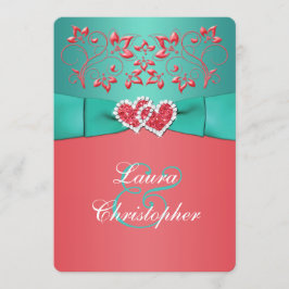 珊瑚のティール（緑がかった色）の花柄はハートの結婚式招待状を結合しました 招待状