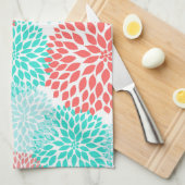 珊瑚のティール（緑がかった色）のSeafoamのダリアの台所装飾 キッチンタオル (四つ折り)