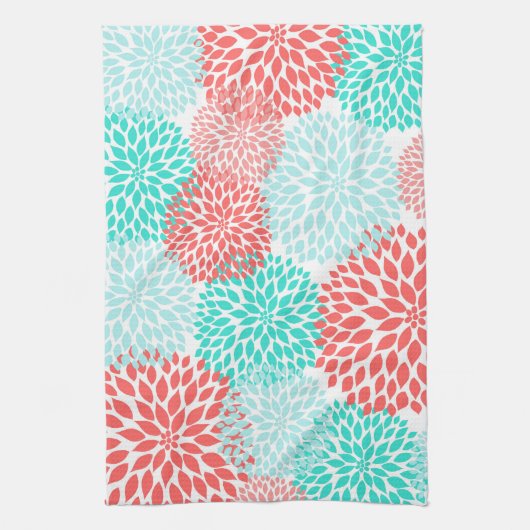 珊瑚のティール(緑がかった色)のSeafoamのダリアの台所装飾 キッチンタオル (縦)