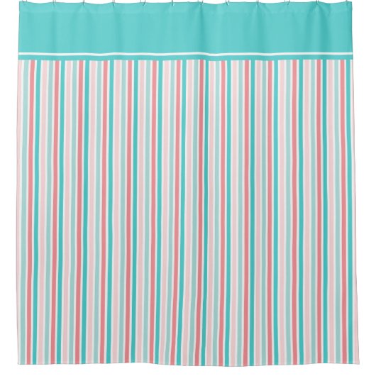 珊瑚のピンクおよび水ストライプなパターン シャワーカーテン (正面)