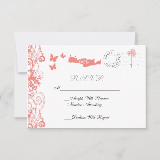 珊瑚のピンクおよび白のRSVPカードを結婚するクレタ 出欠カード (正面)