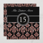 珊瑚のピンクのグリッターの効果の黒のダマスク織キンセアニェラ 招待状 (正面/裏面)