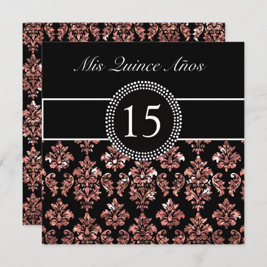 珊瑚のピンクのグリッターの効果の黒のダマスク織キンセアニェラ 招待状 (正面/裏面)