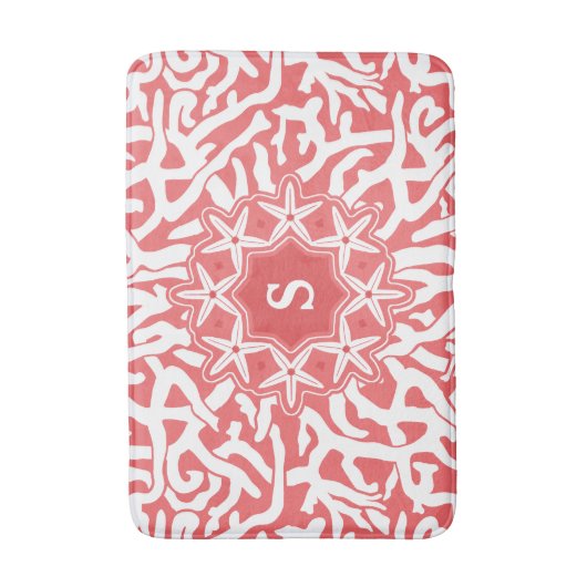 珊瑚のピンクのビーチの珊瑚礁のヒトデのモノグラム バスマット (正面縦)