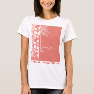 珊瑚のピンクの熱帯ハイビスカス; 夏のやし Tシャツ