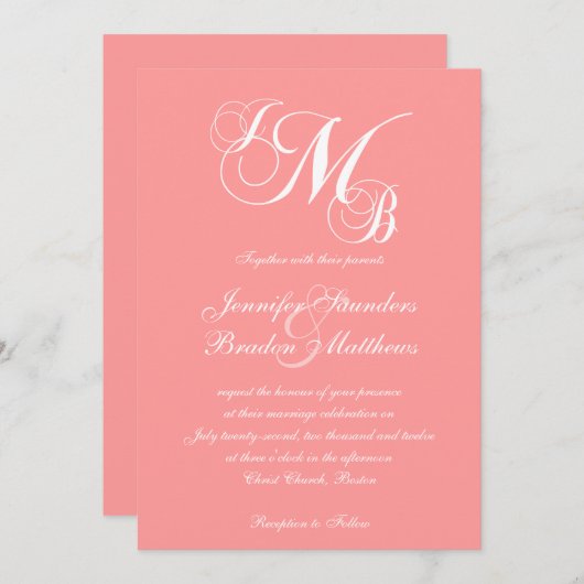 珊瑚のピンクの白3の手紙の結婚式招待状 招待状 (正面/裏面)