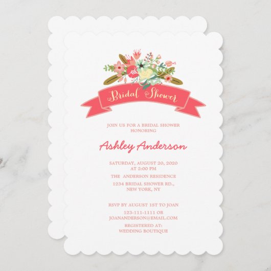 珊瑚のピンクの素朴な花のブライダルシャワーの招待状 招待状 (正面/裏面)