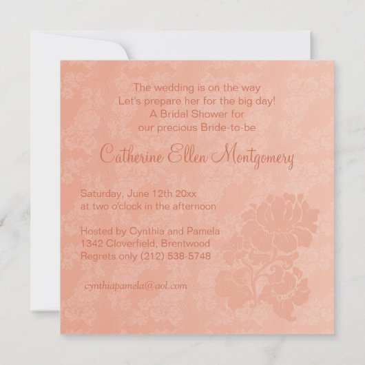 、珊瑚のブライダルシャワーの招待のウェディングドレスひもで締めて下さい 招待状 (裏面)