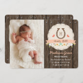 珊瑚のモノグラムの蹄鉄の西部のベビーの発表 案内状 (正面/裏面)