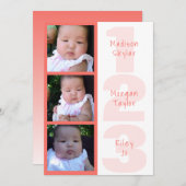 珊瑚の三重項のシンプル1 2 3つの写真のコラージュ 案内状 (正面/裏面)