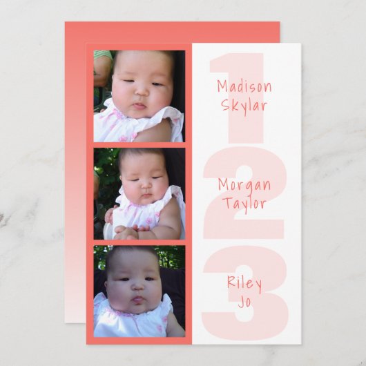 珊瑚の三重項のシンプル1 2 3つの写真のコラージュ 案内状 (正面/裏面)