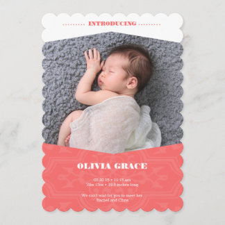 珊瑚の女の子のためのベビーの発表 案内状