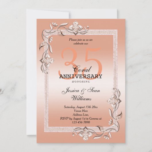 珊瑚の宝石とグリッター 35周年 結婚記念日 招待状 (正面)