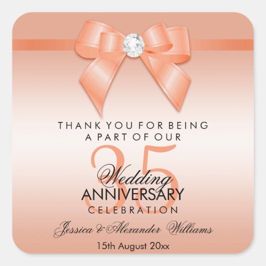 珊瑚の弓及びリボンの第35結婚記念日 スクエアシール (正面)