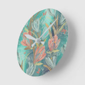 珊瑚の水生ティール（緑がかった色）の花のコーヒーの青の蝶 ラウンド壁時計 (傾斜)