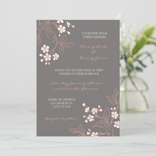 珊瑚の灰色の花の写真の結婚式招待状カード 招待状 (スタンド正面)