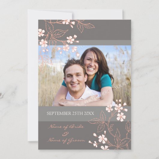 珊瑚の灰色の花の写真の結婚式招待状カード 招待状 (裏面)