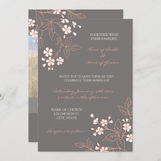 珊瑚の灰色の花の写真の結婚式招待状カード 招待状 (正面/裏面)
