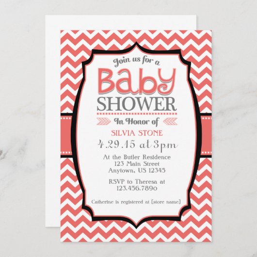 珊瑚の白いシェブロンのベビーシャワーの招待状 招待状 (正面/裏面)
