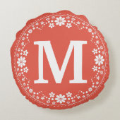 珊瑚の白い花のリースのモノグラム ラウンドクッション (裏面)