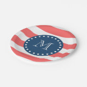 珊瑚の白のストライプパターン、濃紺のモノグラム ペーパープレート (アングル)