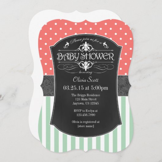 珊瑚の真新しい黒板のストライプなベビーシャワーの招待 招待状 (正面/裏面)