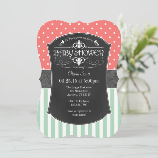 珊瑚の真新しい黒板のストライプなベビーシャワーの招待 招待状 (スタンド正面)