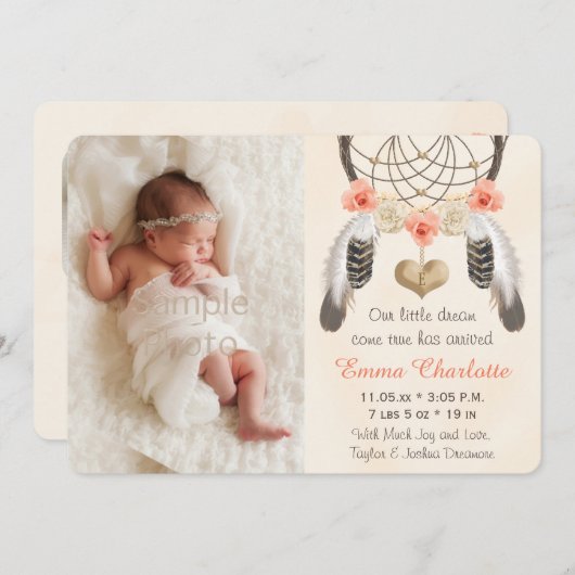 珊瑚の真新しいBoho Dreamcatcherの誕生の発表 案内状 (正面/裏面)