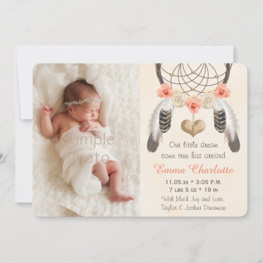 珊瑚の真新しいBoho Dreamcatcherの誕生の発表 案内状 (正面)