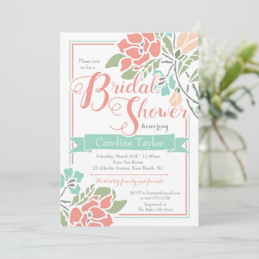 珊瑚の花のブライダルシャワーの招待状およびティール（緑がかった色） 招待状 (スタンド正面)