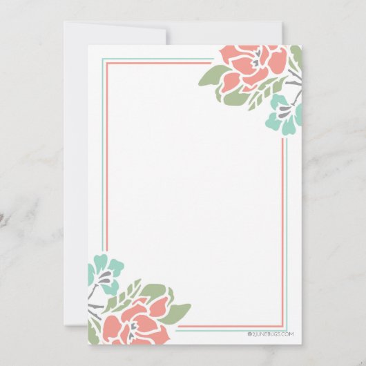 珊瑚の花のブライダルシャワーの招待状およびティール(緑がかった色) 招待状 (裏面)