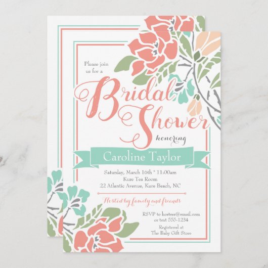 珊瑚の花のブライダルシャワーの招待状およびティール(緑がかった色) 招待状 (正面/裏面)
