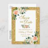 珊瑚の花柄の保存日付の金ゴールドのグリッター 案内ポストカード (正面/裏面)