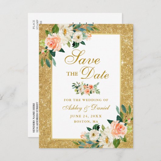 珊瑚の花柄の保存日付の金ゴールドのグリッター 案内ポストカード (正面/裏面)
