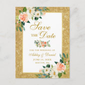 珊瑚の花柄の保存日付の金ゴールドのグリッター 案内ポストカード (正面)