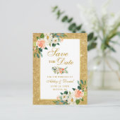 珊瑚の花柄の保存日付の金ゴールドのグリッター 案内ポストカード (スタンド正面)