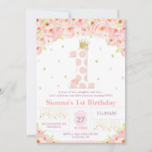 珊瑚の花柄の第1誕生日のプリンセスの招待状の女の子 招待状 (正面)