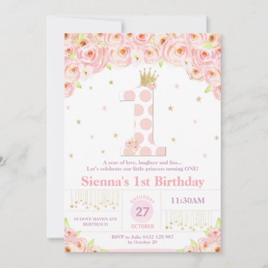珊瑚の花柄の第1誕生日のプリンセスの招待状の女の子 招待状 (正面)