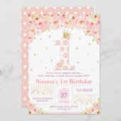 珊瑚の花柄の第1誕生日のプリンセスの招待状の女の子 招待状 (正面/裏面)