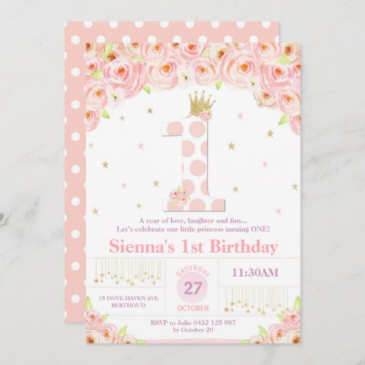 珊瑚の花柄の第1誕生日のプリンセスの招待状の女の子 招待状 (正面/裏面)